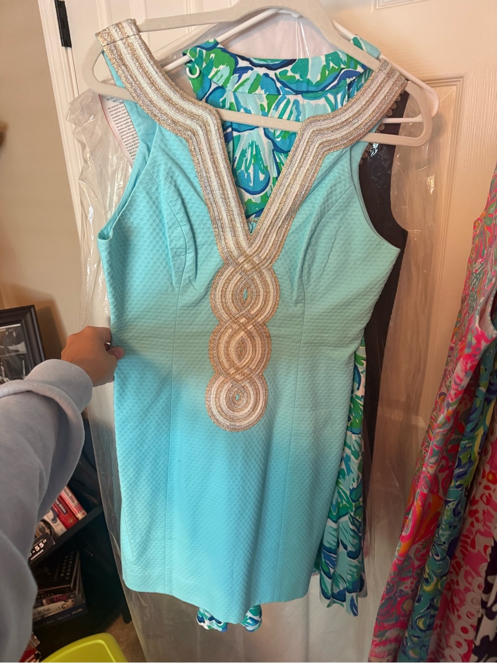 Lilly Pulitzer Aqua Mini Dress with Gold Beaded V-Neck - Picture 1 of 3